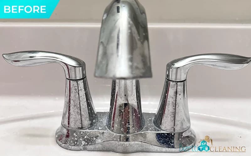 Before: Chrome bathroom faucet, water spots and soap scum