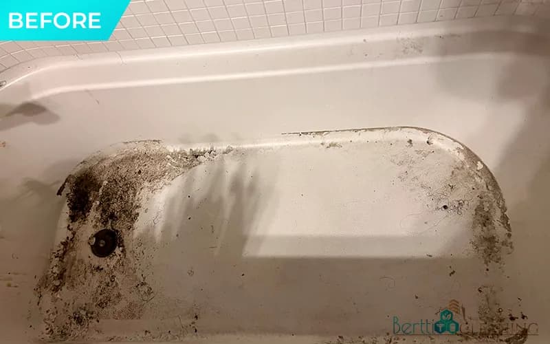 Before: Bathtub with mildew along the bottom